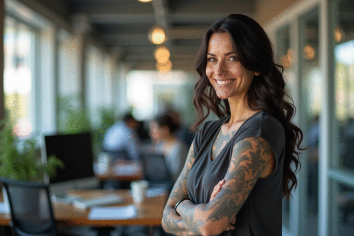 Femme confiante avec tatouages dans un espace de travail lumineux