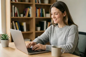 Femme en télétravail utilisant un outil de correction grammaticale sur son ordinateur portable depuis son bureau à domicile