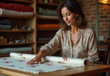 Qualité des tissus : quel pays propose la meilleure ? Femme élégante touchant un tissu brodé dans une boutique textile