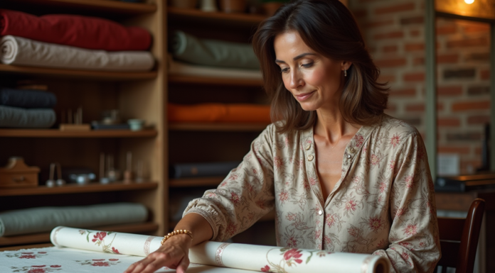 Femme élégante touchant un tissu brodé dans une boutique textile