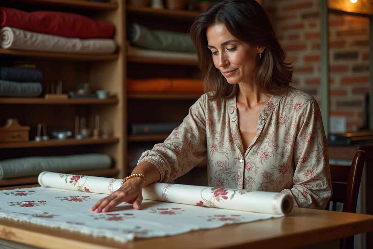 Femme élégante touchant un tissu brodé dans une boutique textile