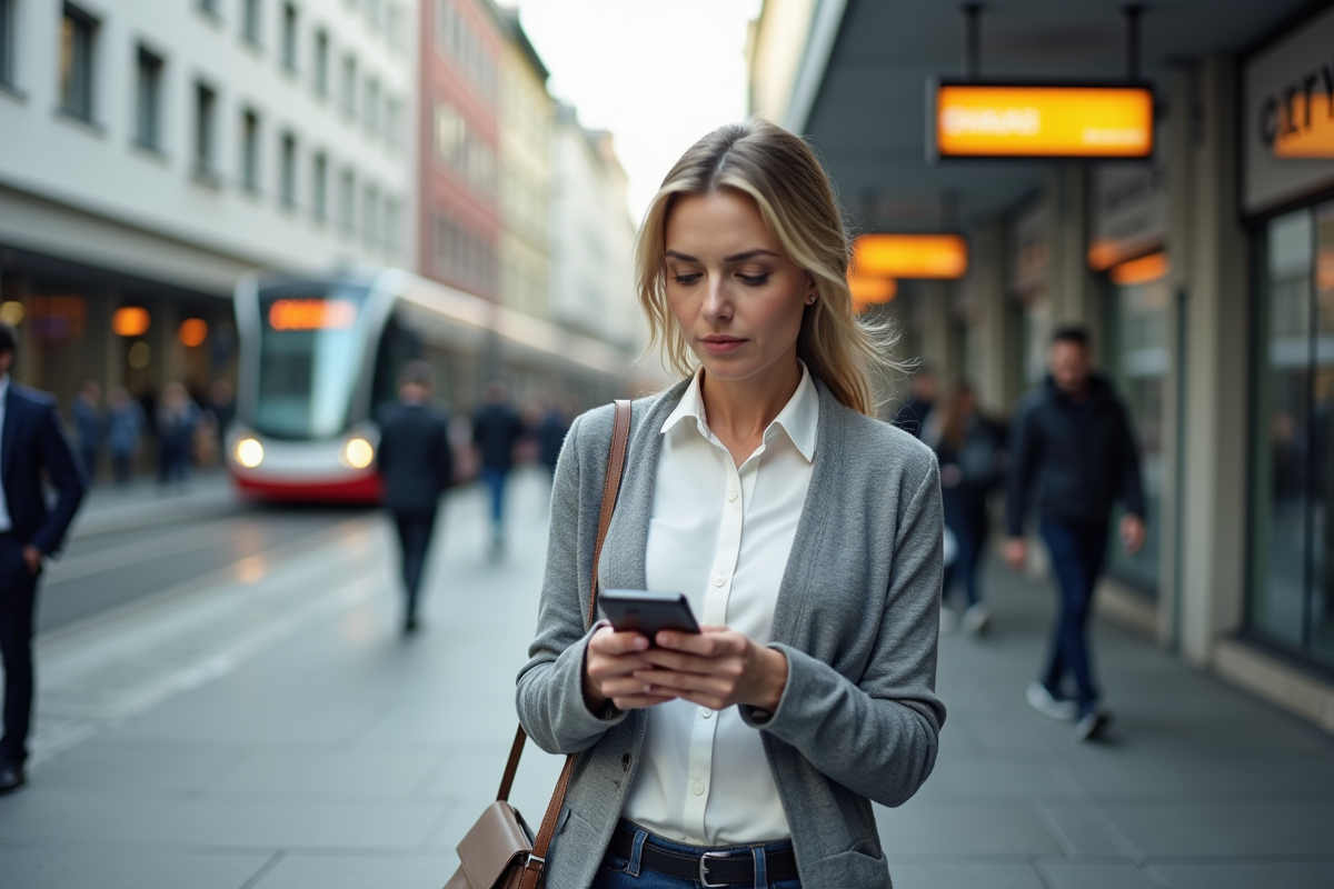 Femme en urban checkant une application boursiere sur smartphone