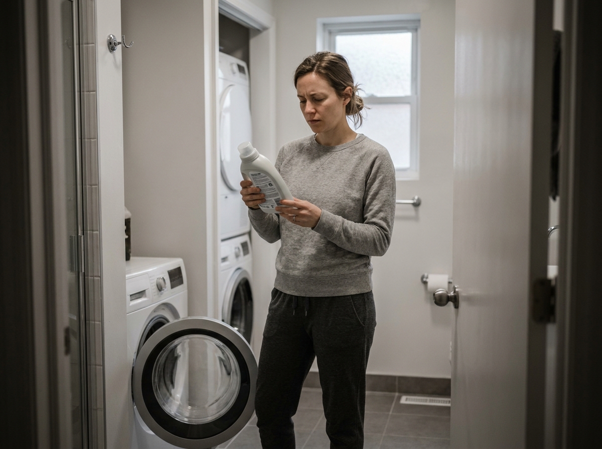Jeune femme lisant une étiquette de lessive devant sa machine à laver dans un appartement urbain