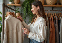 Femme examinant des vêtements en coton bio dans une boutique
