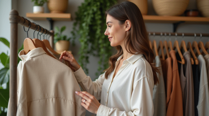 Femme examinant des vêtements en coton bio dans une boutique
