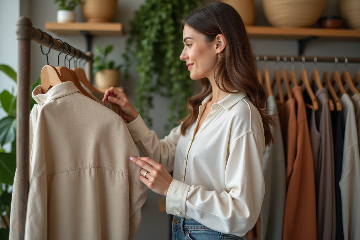 Femme examinant des vêtements en coton bio dans une boutique