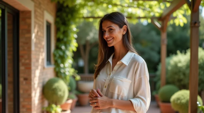 Femme en blouse en lin et pantalon coton dans un jardin méditerranéen