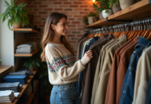 Synonyme de seconde main : comment le trouver efficacement ? Jeune femme souriante dans une boutique vintage en train de toucher une veste en velours