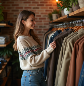 Synonyme de seconde main : comment le trouver efficacement ? Jeune femme souriante dans une boutique vintage en train de toucher une veste en velours