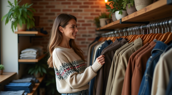 Jeune femme souriante dans une boutique vintage en train de toucher une veste en velours