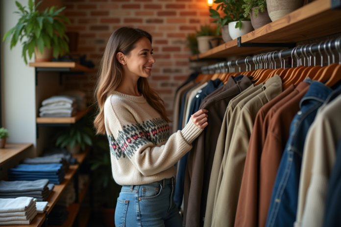 femme-vintage-magasine-mode Jeune femme souriante dans une boutique vintage en train de toucher une veste en velours