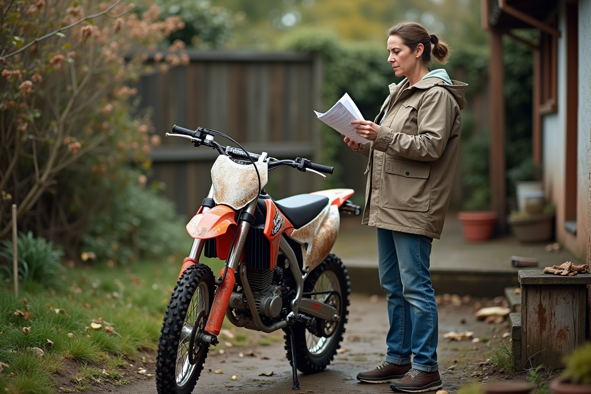 Femme inspectant une moto tout-terrain dans son jardin