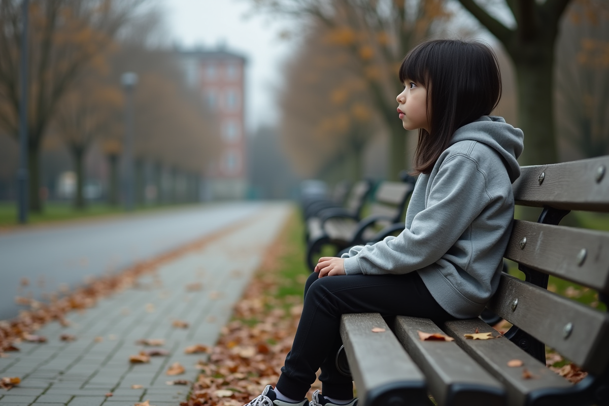 Fille mélancolique assise sur un banc dans un parc d