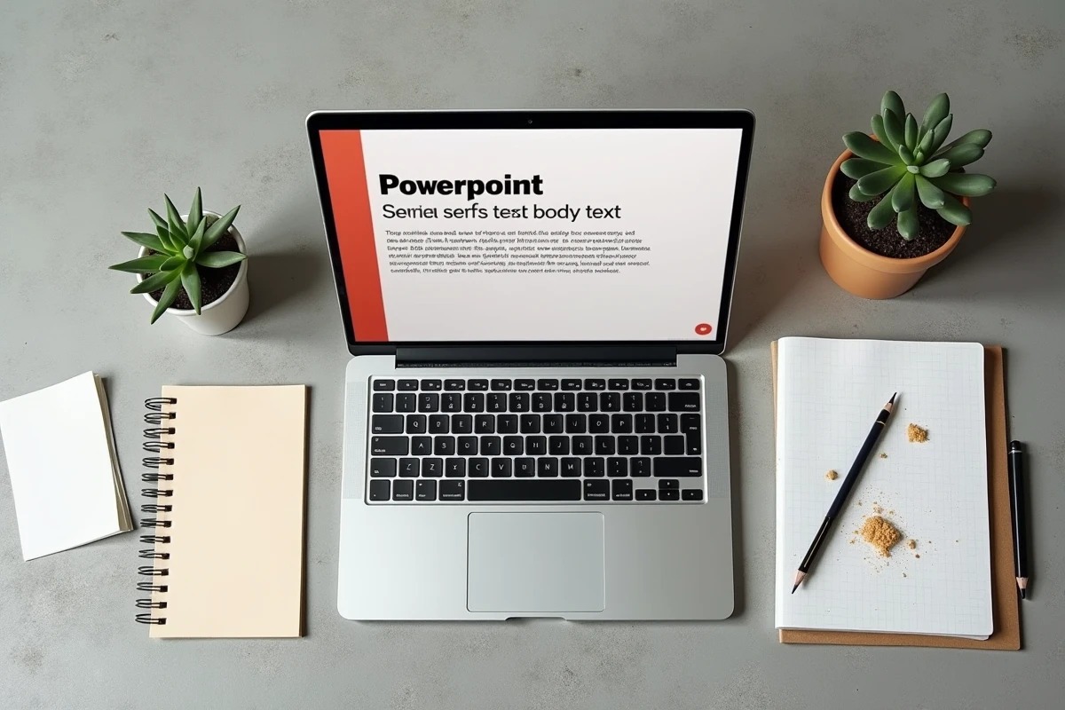 Flat-lay éditorial d'un ordinateur portable avec une présentation PowerPoint montrant le contraste entre polices serif et sans-serif