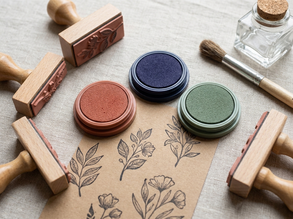 Flat lay de tampons encreurs français, coussinets d'encre colorés et papier kraft tamponné avec des motifs botaniques