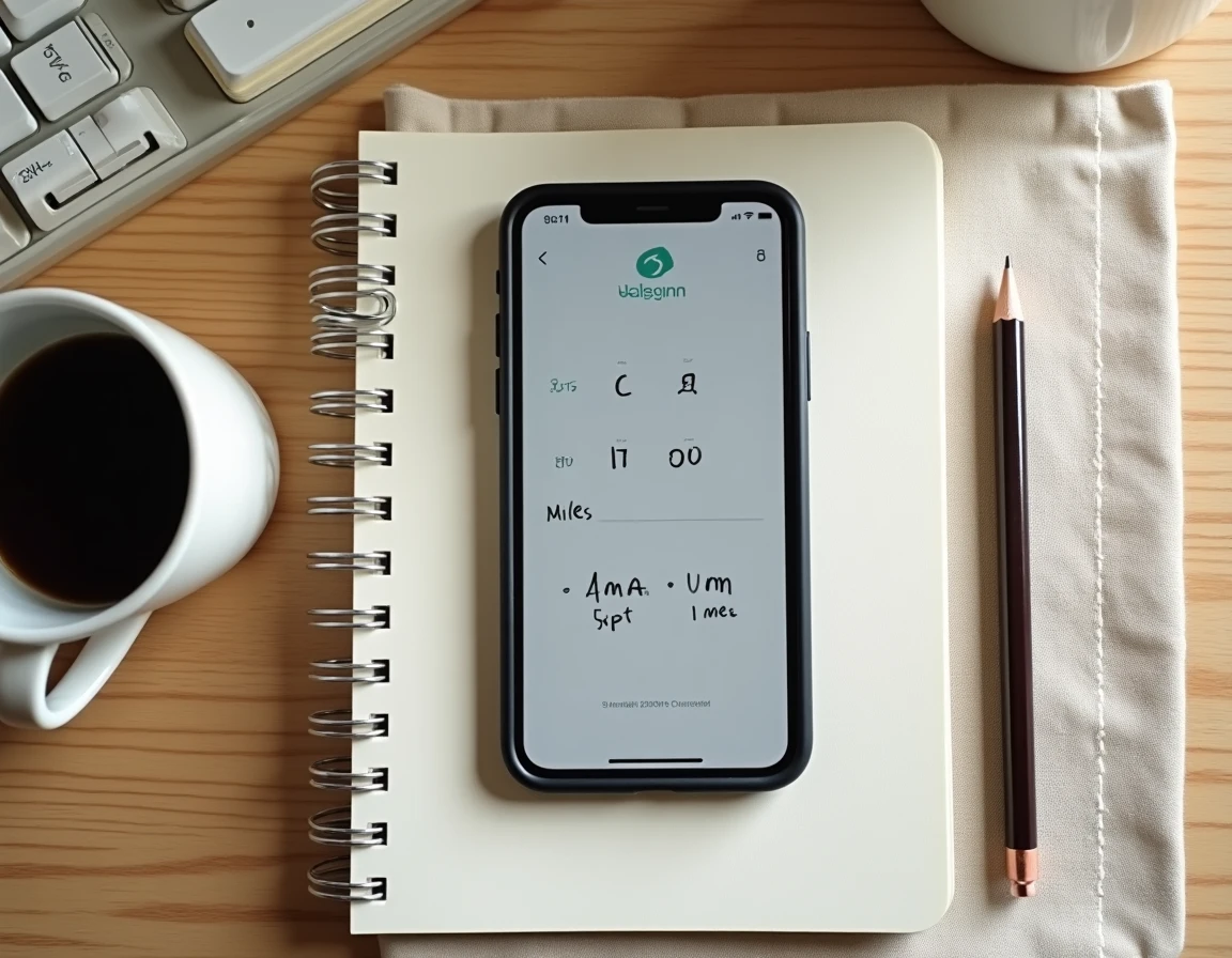 Vue de dessus d'un téléphone affichant une application de conversion miles kilomètres avec carnet de notes et règle sur une table en bois clair