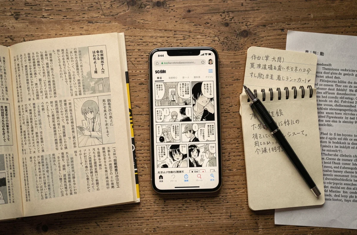Flatlay de manga One Piece ouvert, smartphone avec scan en ligne et document légal sur une table en bois, illustration de la législation française sur les scans de mangas