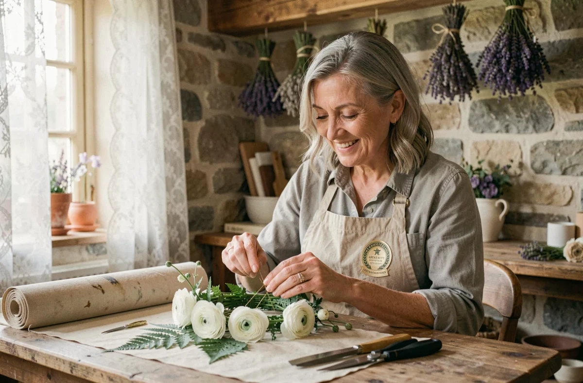 Fleuriste artisane certifiée de Fleuriste Marchal à Sancoins confectionnant une couronne florale en renoncules blanches et fougères