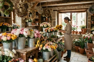 Vue panoramique d'une boutique fleuriste artisanale dans le Cher, avec des fleurs saisonnières dans des seaux en zinc et une fleuriste en tablier de lin au fond