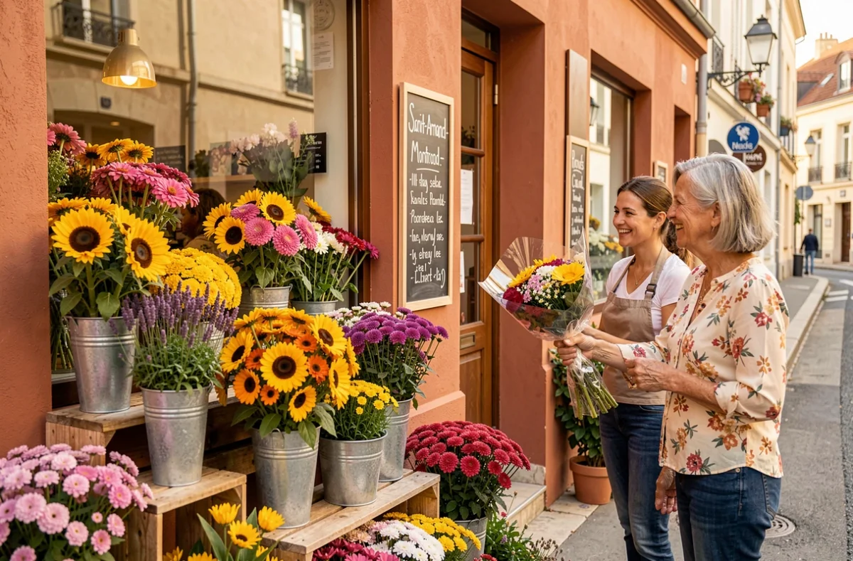 Devanture de la boutique Flora à Saint-Amand-Montrond avec des bouquets colorés en exposition et une fleuriste remettant un bouquet à une cliente