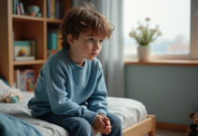 Garçon pensif assis sur son lit dans une chambre cosy