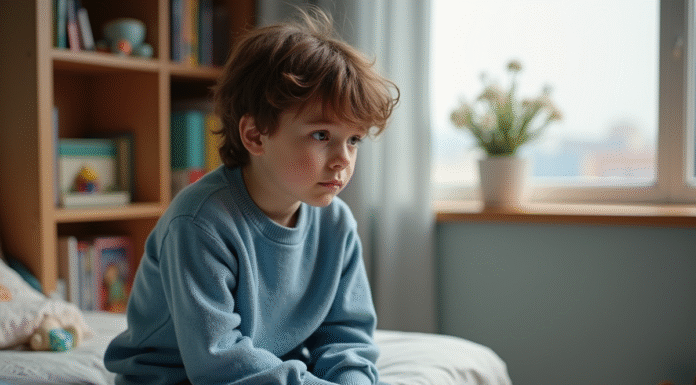 Garçon pensif assis sur son lit dans une chambre cosy