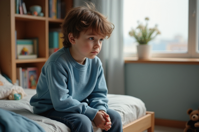 garcon-penseur-chambre-enfant Garçon pensif assis sur son lit dans une chambre cosy