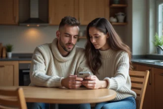 Couple partageant un repas et discutant de finances communes