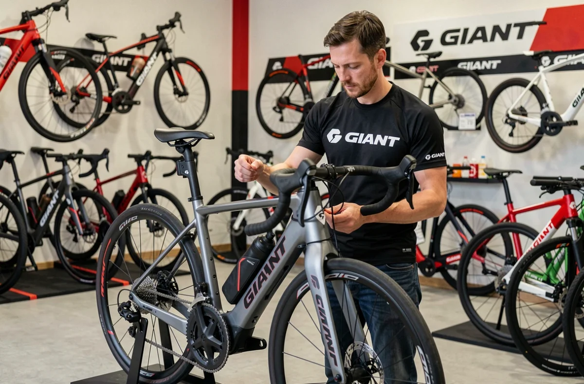 Mécanicien dans le magasin Giant City Sucy - SAS Sucycles inspecte un vélo électrique Giant dans le Val-de-Marne