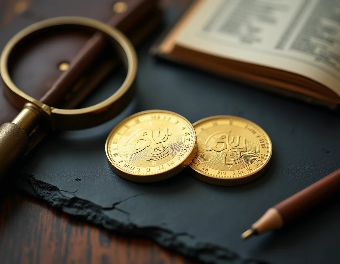 Gros plan sur le poinçon étranger d'une pièce d'or d'investissement posée sur une ardoise avec une loupe de bijoutier et un guide de référence
