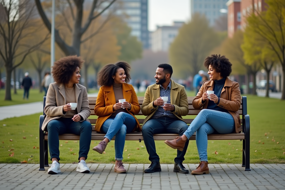 Groupe d adultes discutant et buvant du café dans un parc urbain