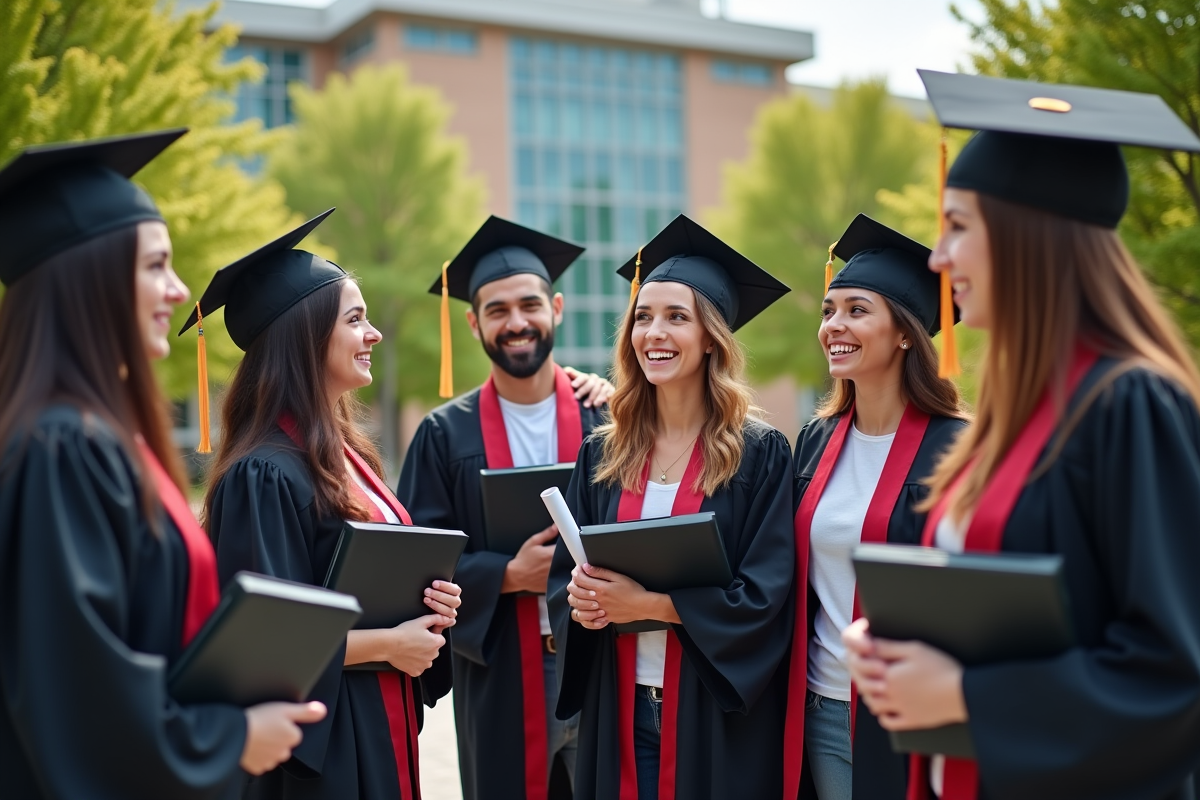 Groupe de diplômés souriants en extérieur