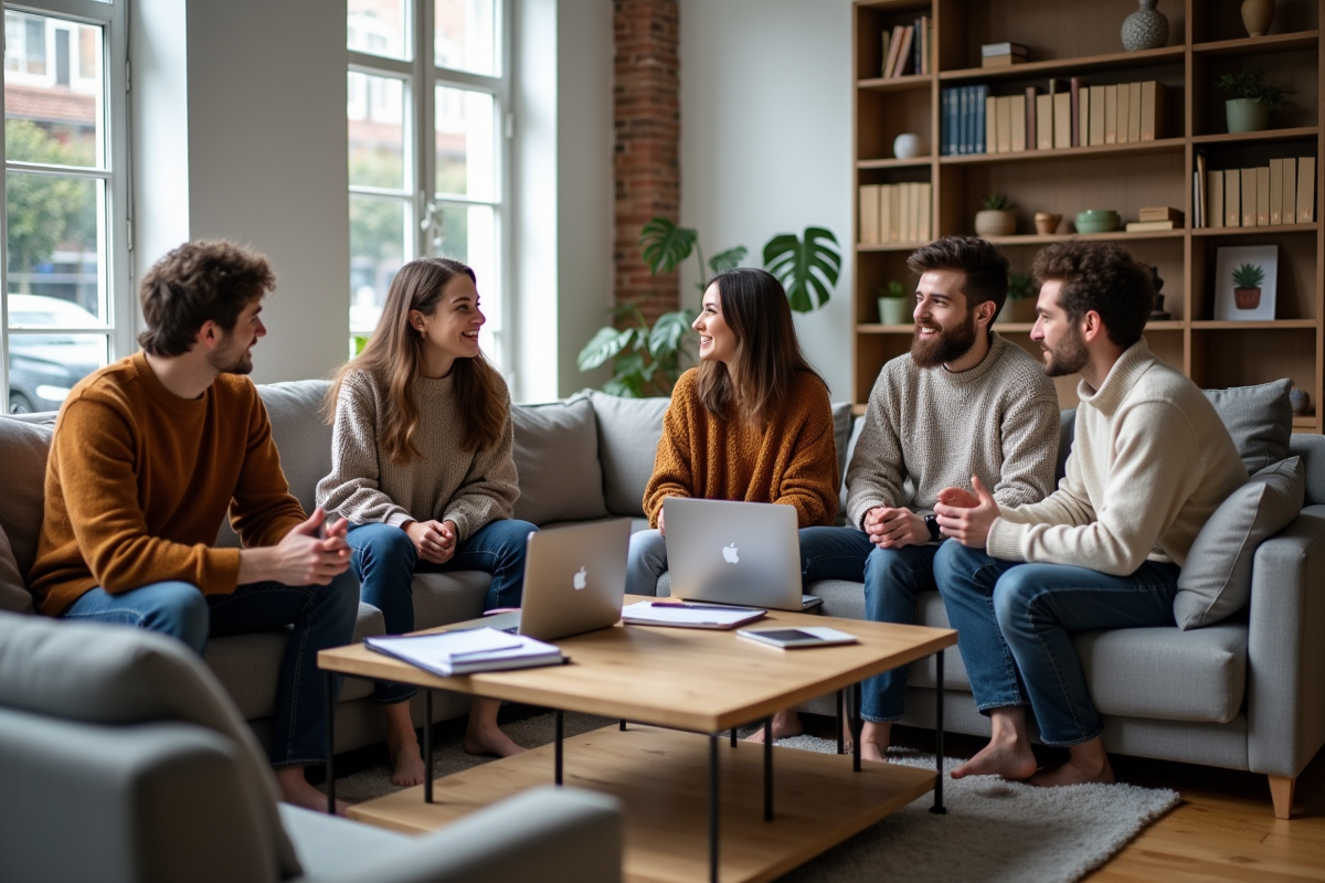 Groupe de quatre personnes discutant dans un salon lumineux