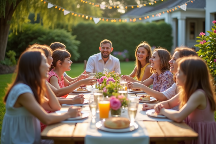 groupe-pique-nique-enfants-adultes Groupe d'adultes et enfants riant lors d'un pique-nique en extérieur