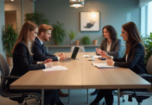 Groupe de professionnels en réunion dans un bureau moderne