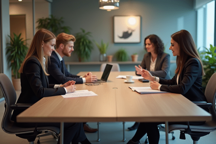 groupe-reunion-bureau Groupe de professionnels en réunion dans un bureau moderne