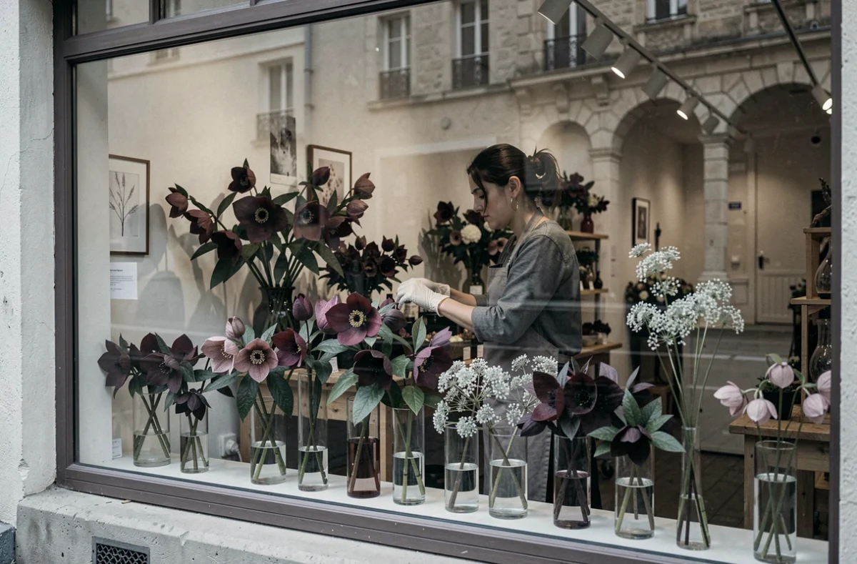 Vitrine de la boutique L'Hellébore à Vierzon avec des hellébores bordeaux et des lunaires argentées dans des vases en verre