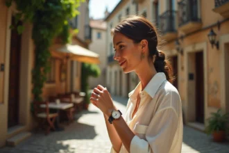 Femme introspective regardant sa montre affichant 12h12 dans une ruelle pavée européenne, symbolisant l'heure miroir et la mission de vie