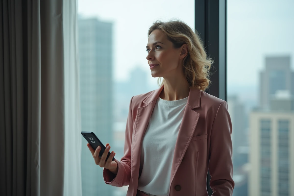 Femme debout face à une fenêtre panoramique tenant un smartphone affichant 12h12, symbolisant la prise de décision et l'alignement avec sa mission de vie