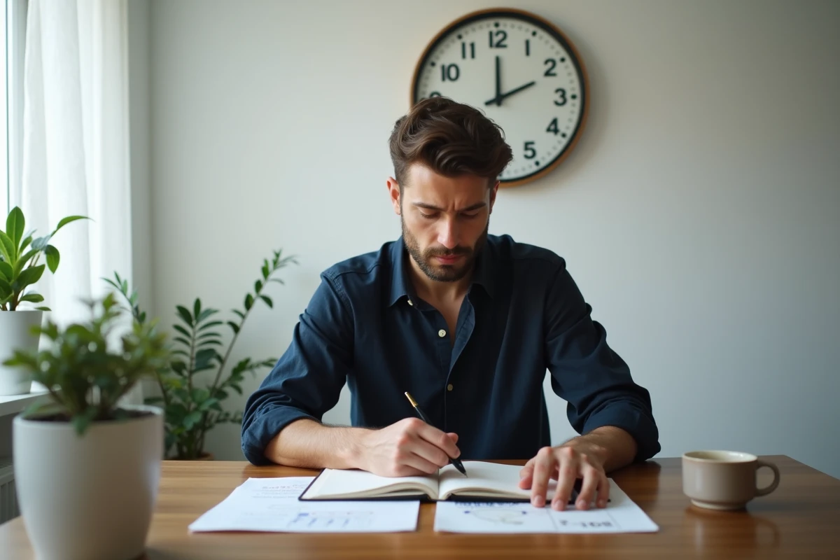 Homme concentré écrivant dans un journal devant une horloge murale indiquant 12h12, illustrant la réflexion sur ses choix de vie et sa mission personnelle