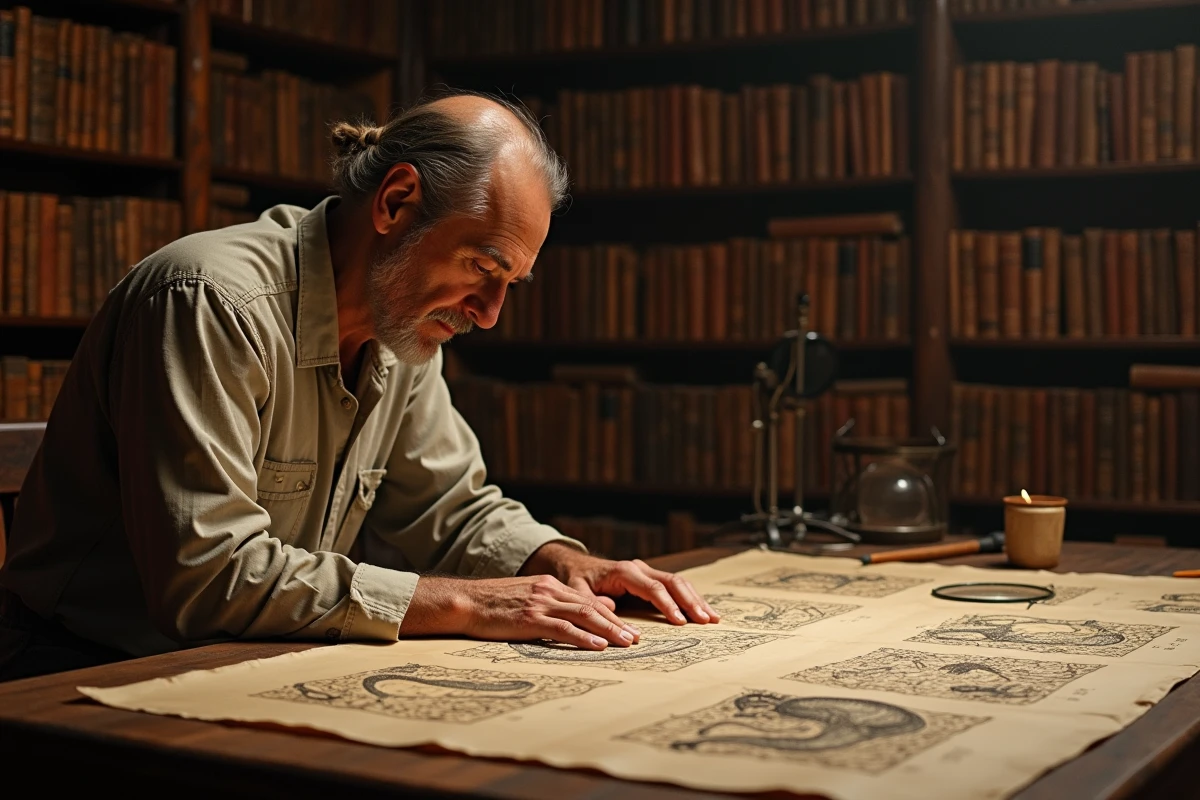 Historien étudiant des dessins de nœuds vikings et de dragons sur parchemin dans une salle d'archives
