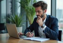 Taux de change : bases essentielles à comprendre et calculer correctement Jeune homme d'affaires examine les taux de change sur son ordinateur