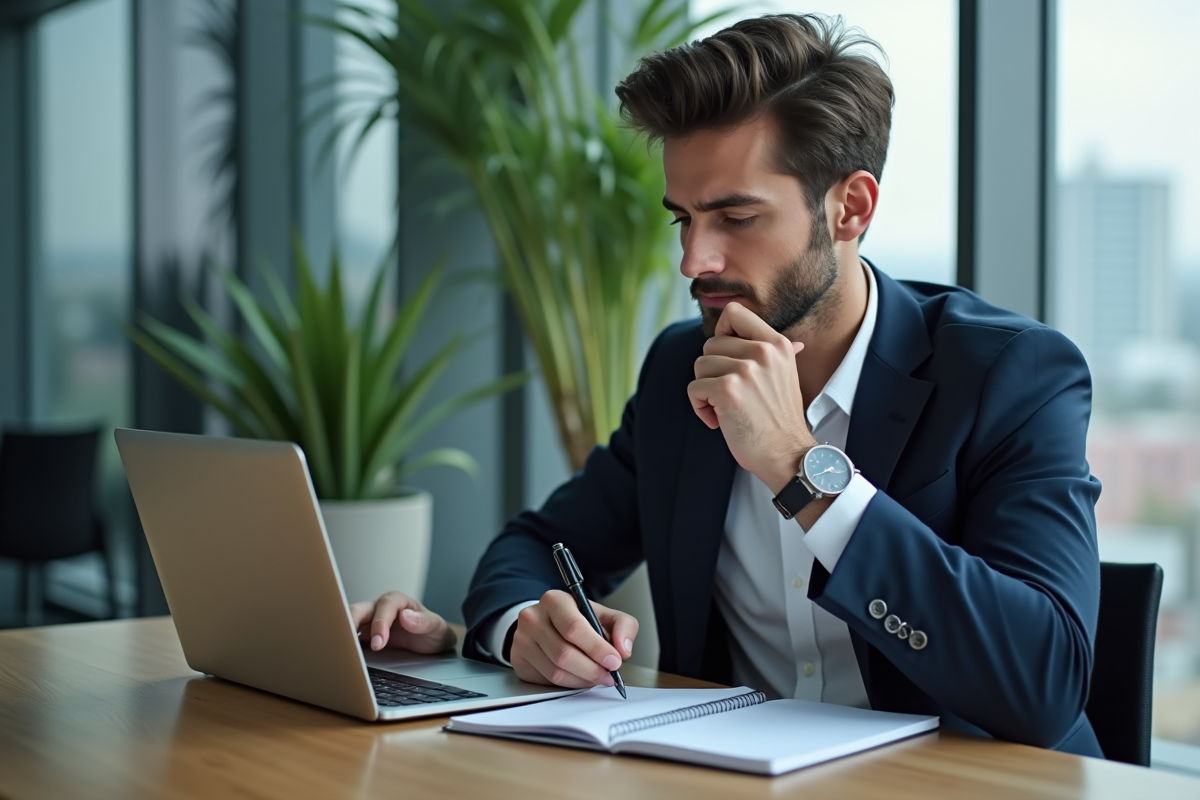 Jeune homme d'affaires examine les taux de change sur son ordinateur