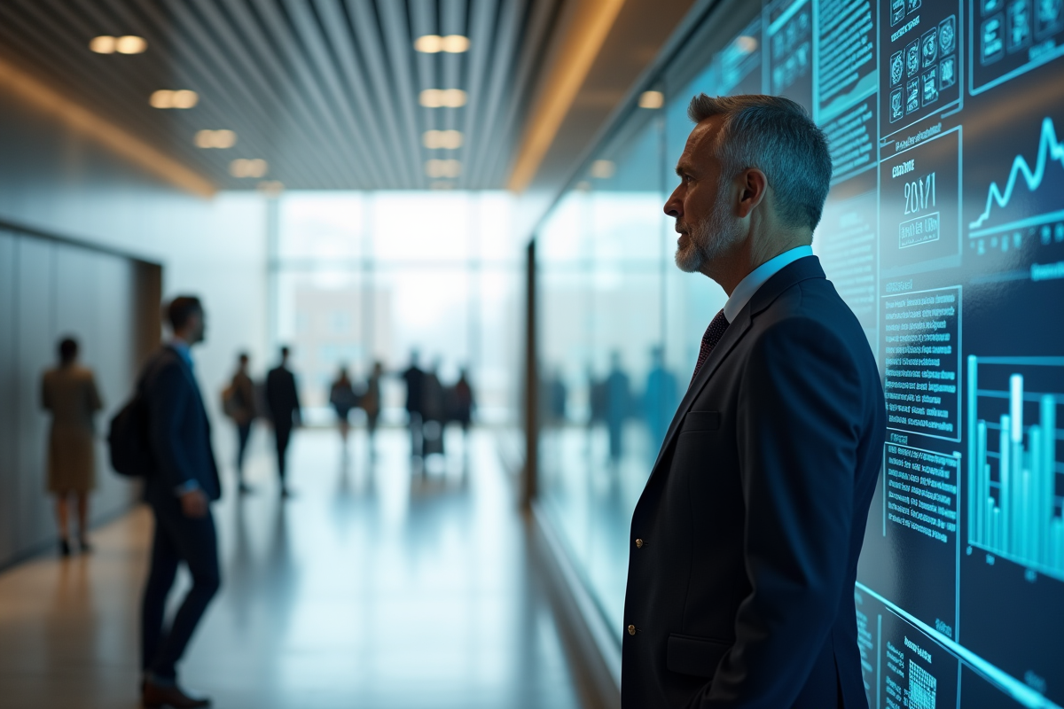 Homme d affaires regardant un écran interactif dans un bureau