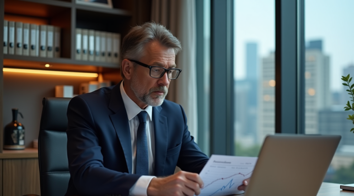 Homme d'affaires en costume analysant des graphiques financiers