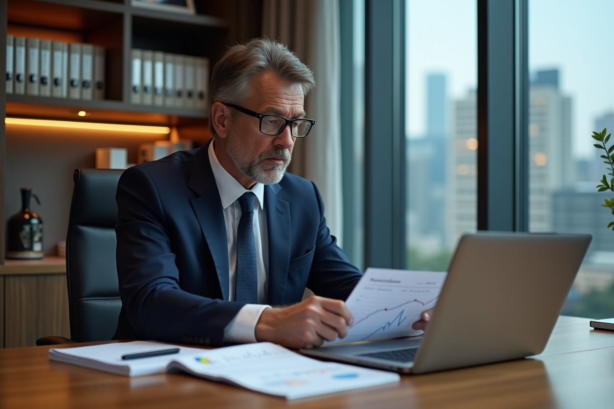 Homme d'affaires en costume analysant des graphiques financiers