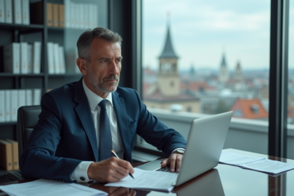 Homme d'affaires en costume navy dans un bureau moderne
