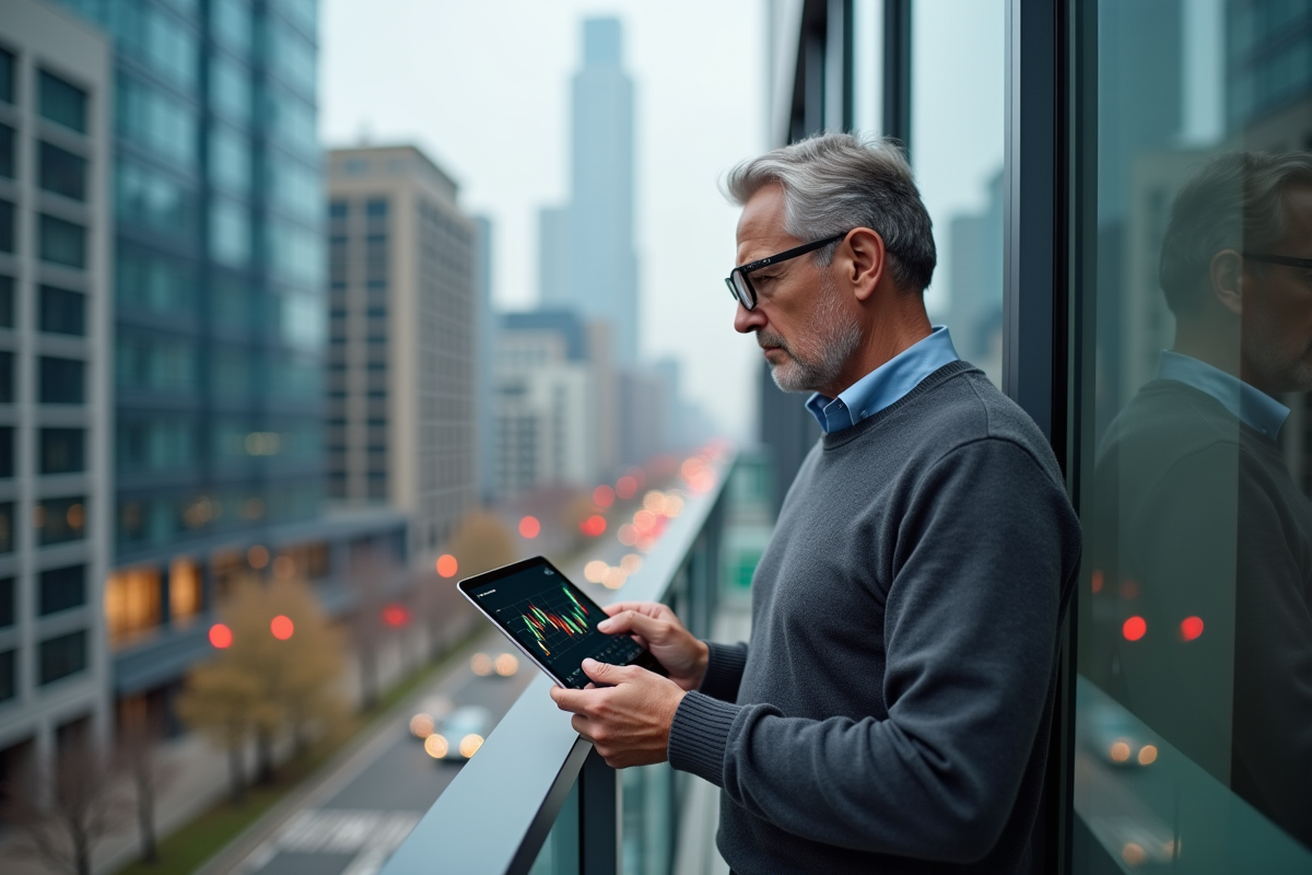 Homme regardant graphique sur tablette en balcon urbain