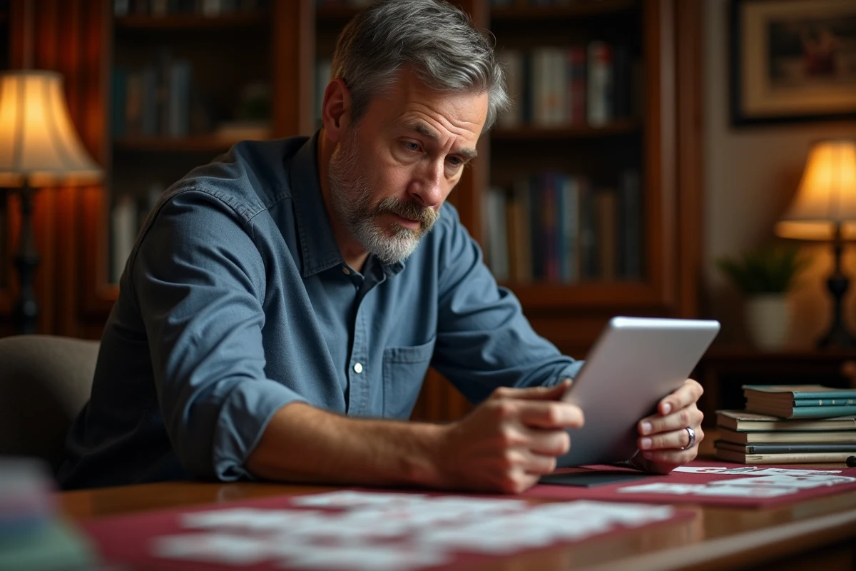 Homme concentré jouant au bridge avec tablette et cartes