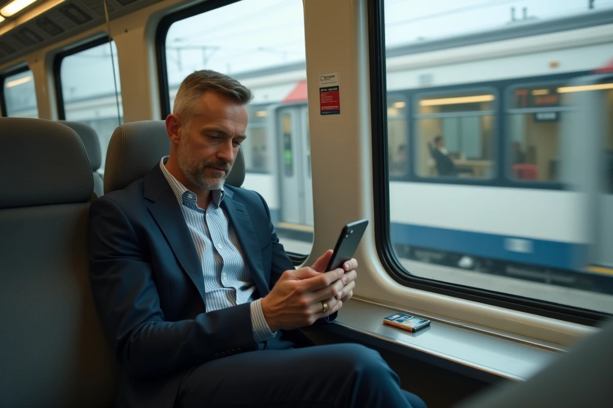 Homme consultant son budget transports dans le RER avec son pass Navigo toutes zones